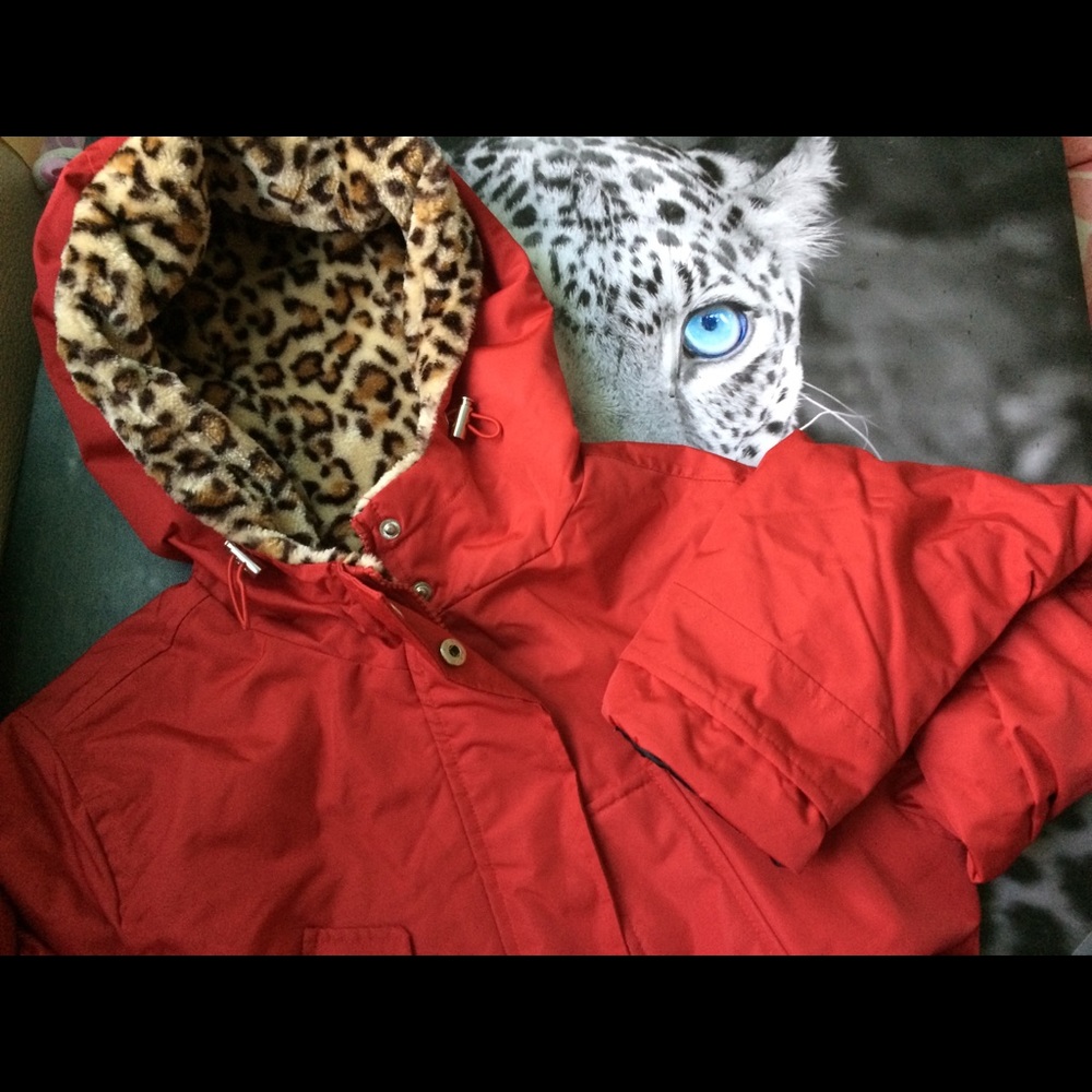 Red hooded jacket with soft faux leopard lining